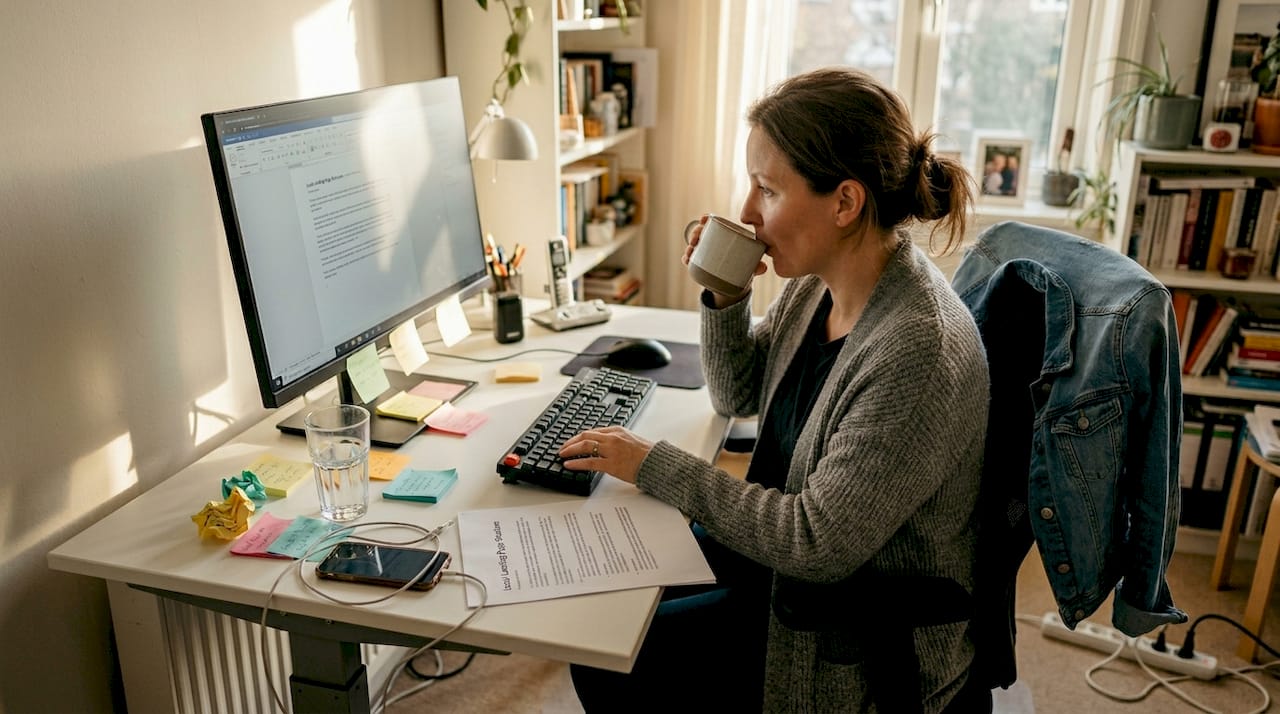 Writer drafts local site content at home desk