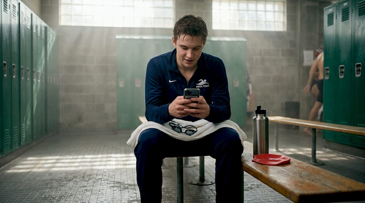 Swimmer reviewing technique on smartphone video