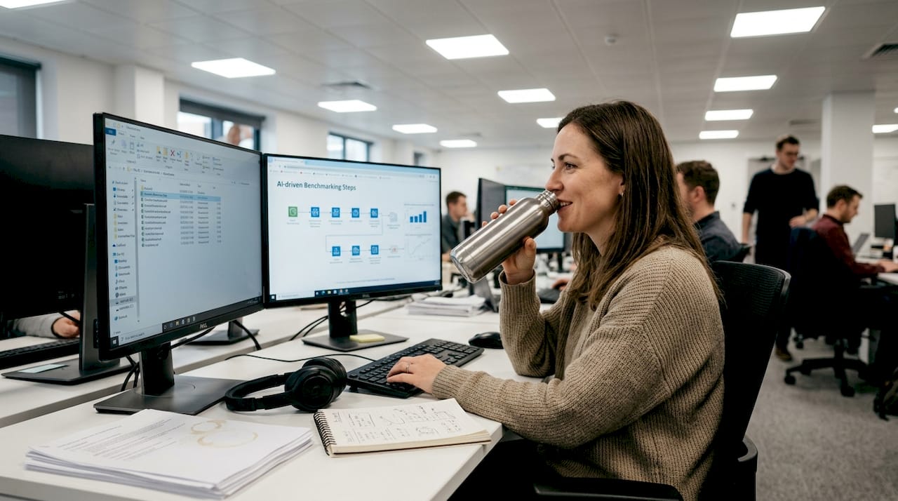 Analyst working on AI-driven benchmarking automation
