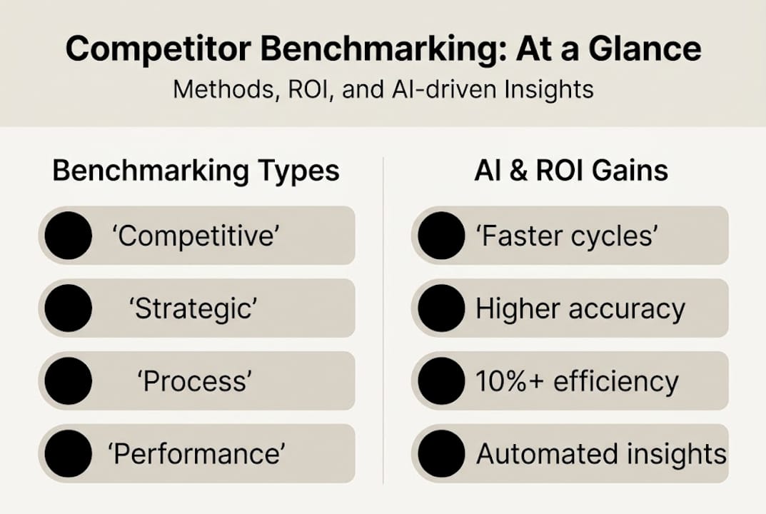 Infographic summarizing benchmarking methods and AI ROI