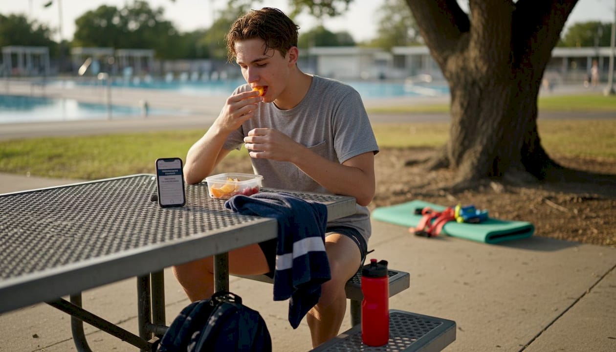 Swimmer recovering with fruit snack outside gym
