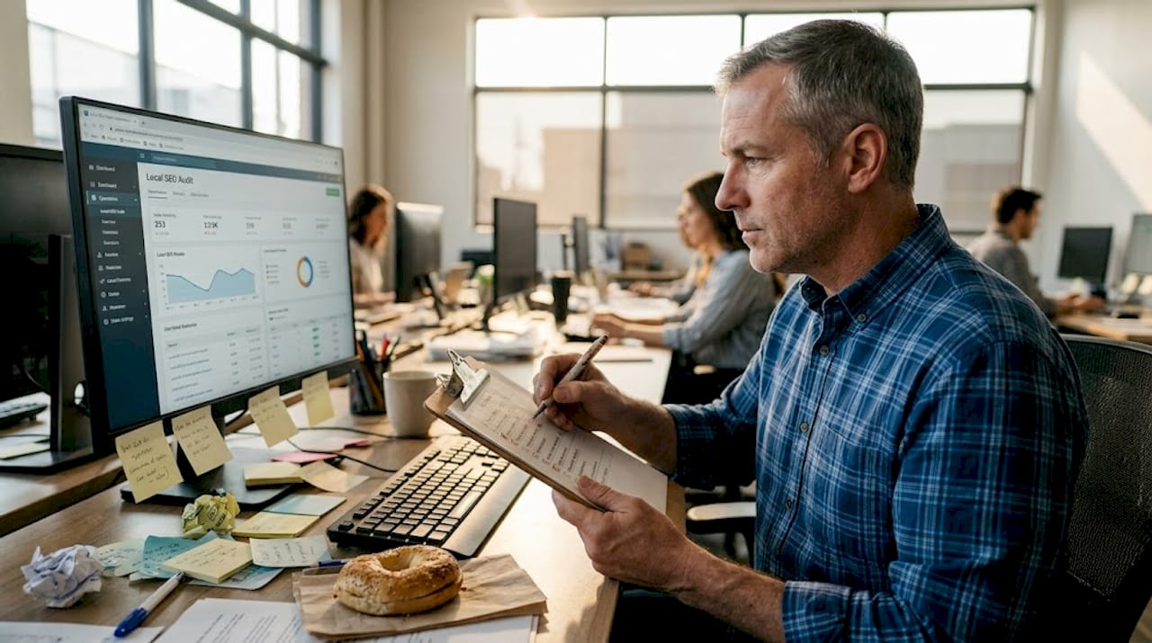 Manager auditing local SEO on office computer