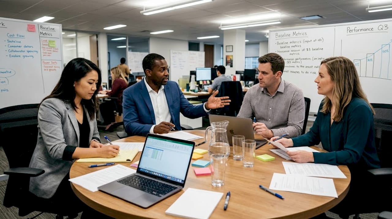 Team meeting discussing AI automation metrics