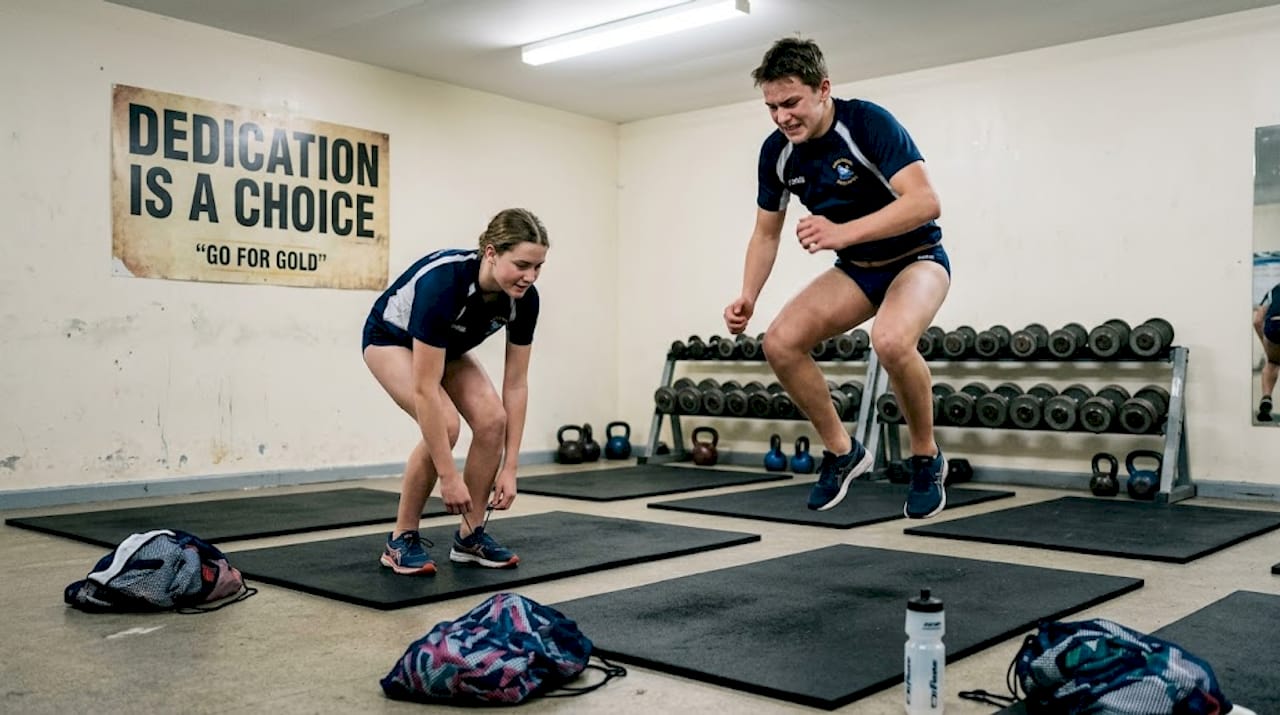 Swimmers practicing explosive jump squats