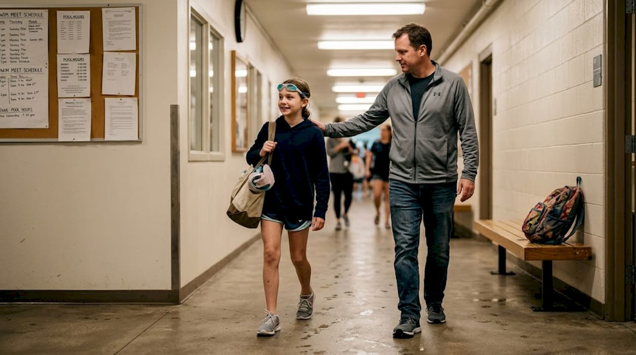 Father encouraging daughter after swim meet