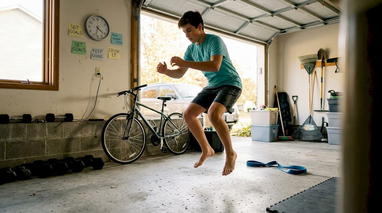 Teen athlete doing jump squats in home garage