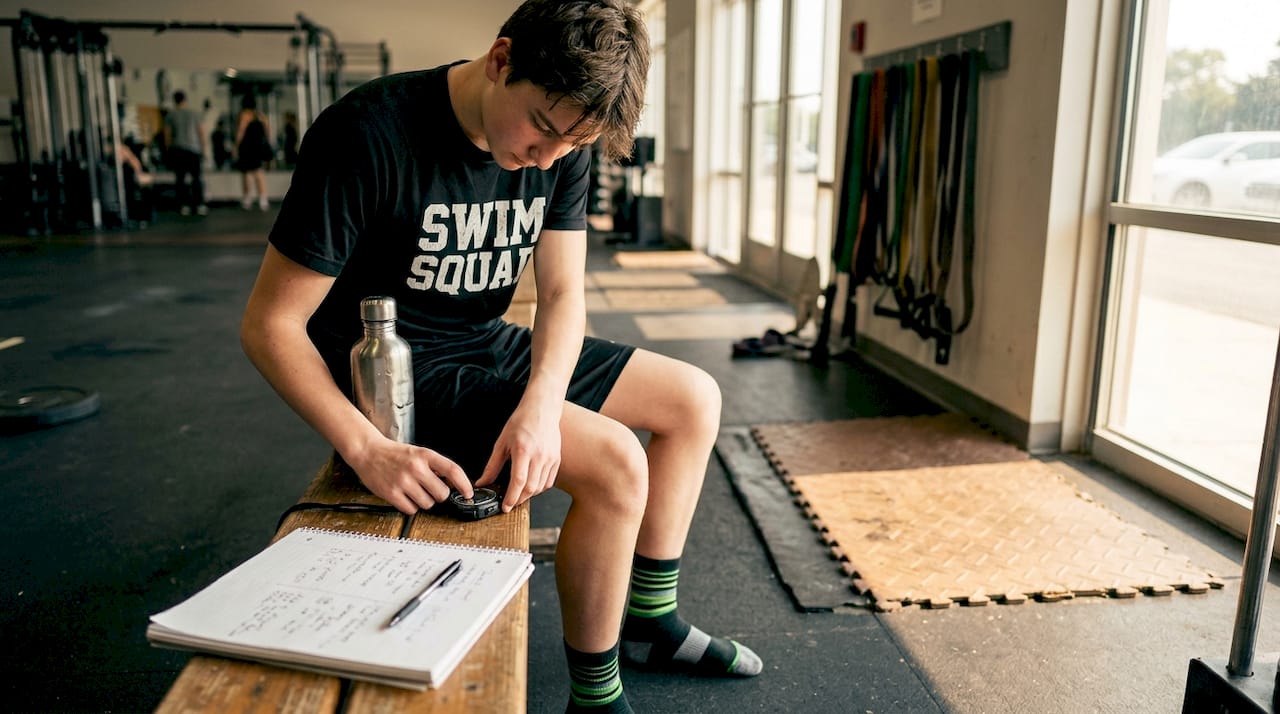 Swimmer preparing dry-land workout in gym