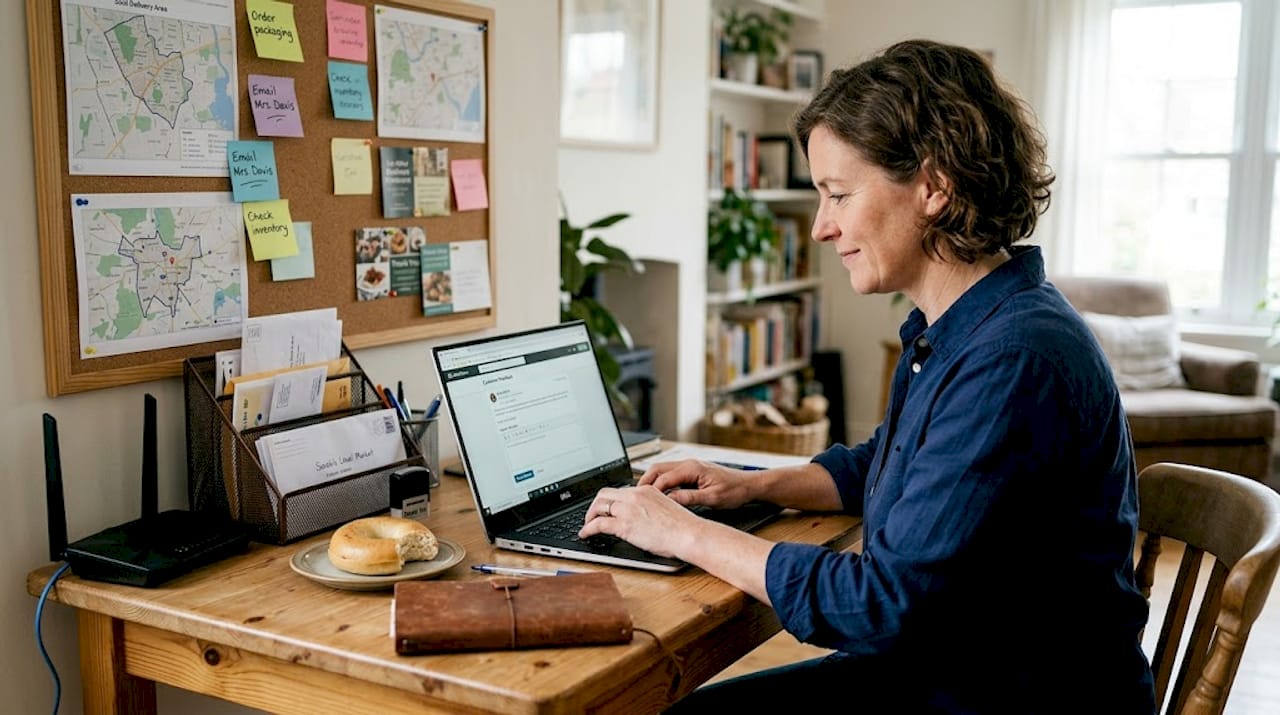 Owner replying to customer review at home office