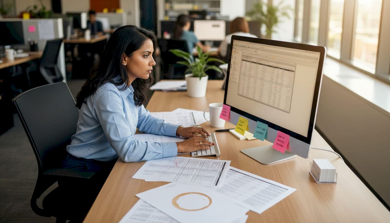 Assistant verifying address details at office desk