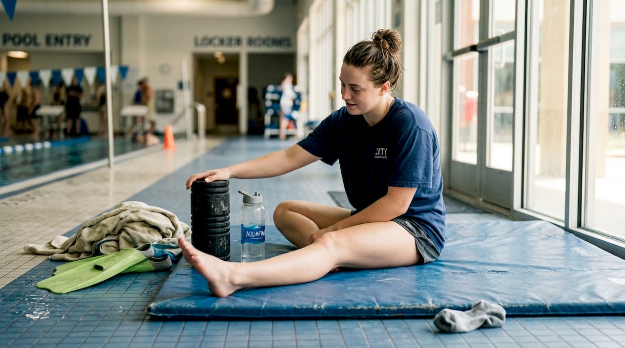 Swimmer stretching with foam roller near pool