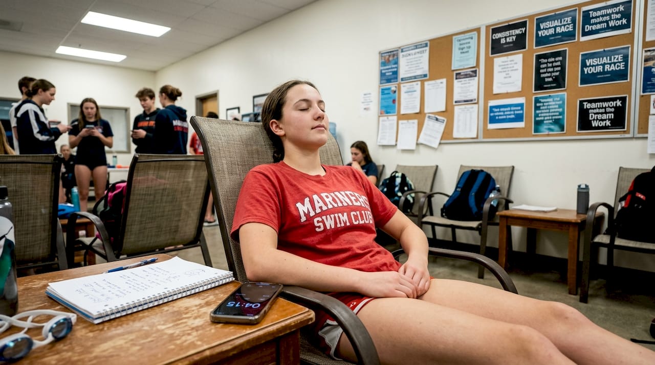 Swimmer visualizing swim in club lounge