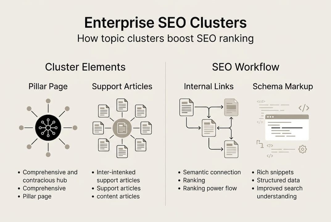 Infographic showing enterprise SEO topic cluster workflow