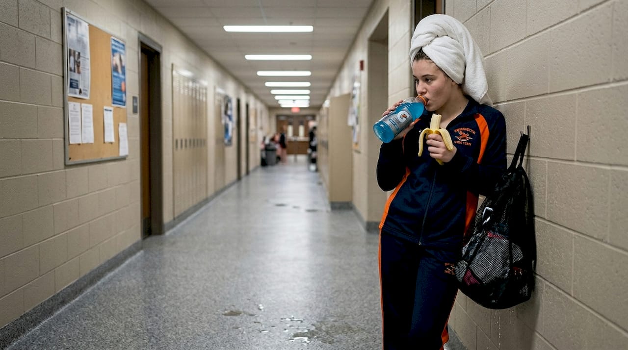 Swimmer with snack and drink post-training