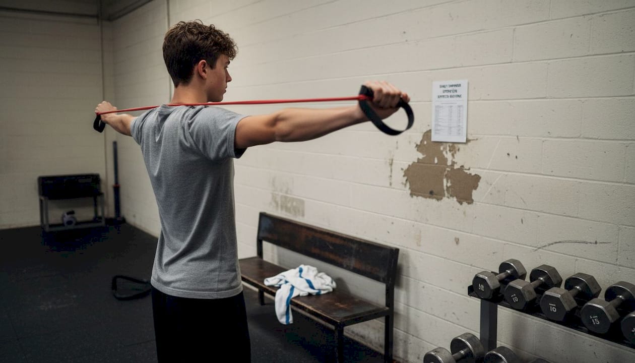 Swimmer stretching shoulders in gym