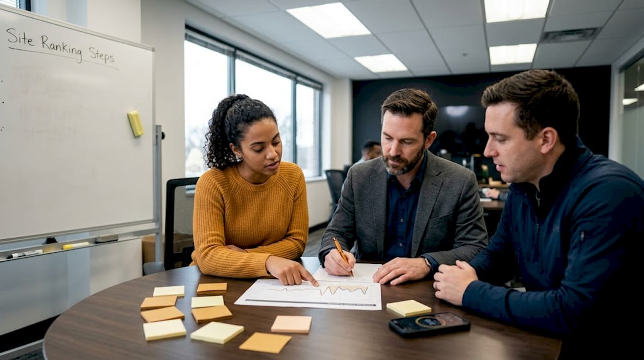 Team reviews website ranking report together
