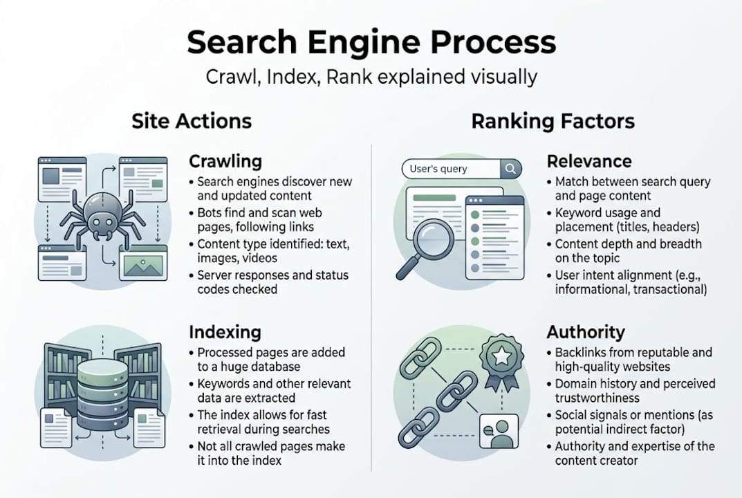 Infographic showing SEO process steps and factors