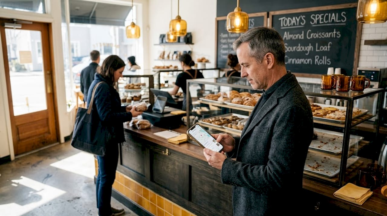 Customer searching for local bakery on phone
