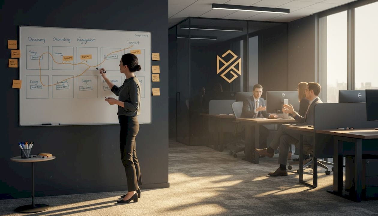 Team updating journey map with sticky notes
