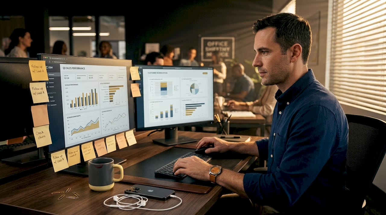 Manager analyzing CRM data on desktop