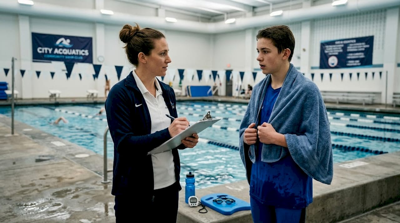 Swim coach assessing swimmer before training