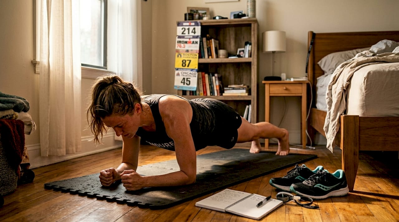 Triathlete doing plank exercise beside training gear