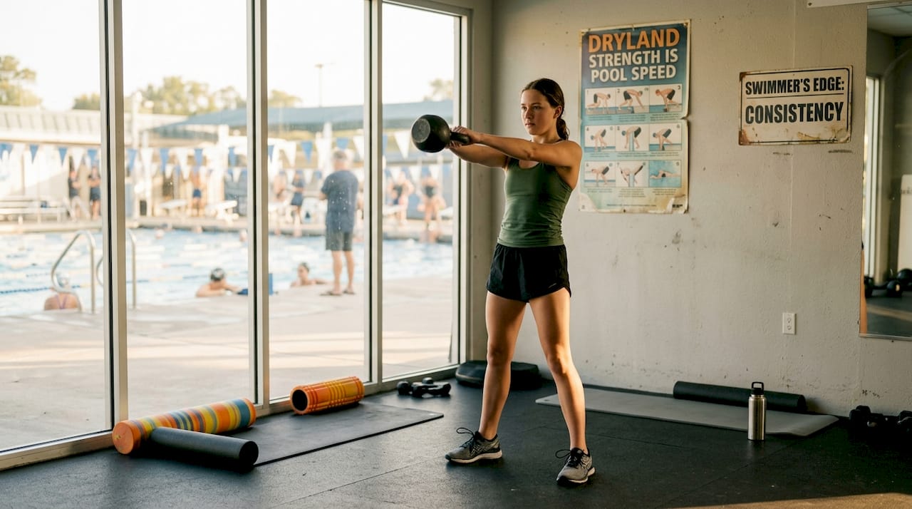 Teen swimmer doing dryland training in gym