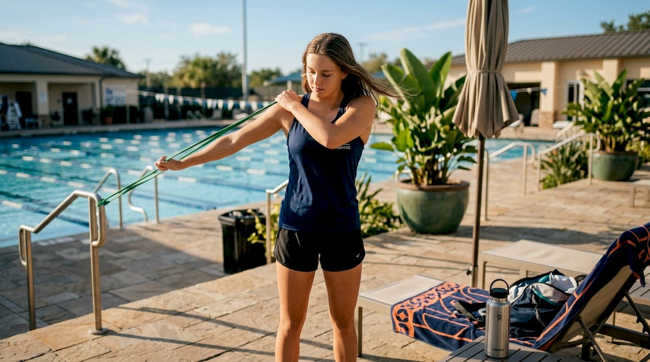 Swimmer stretching shoulder poolside before workout