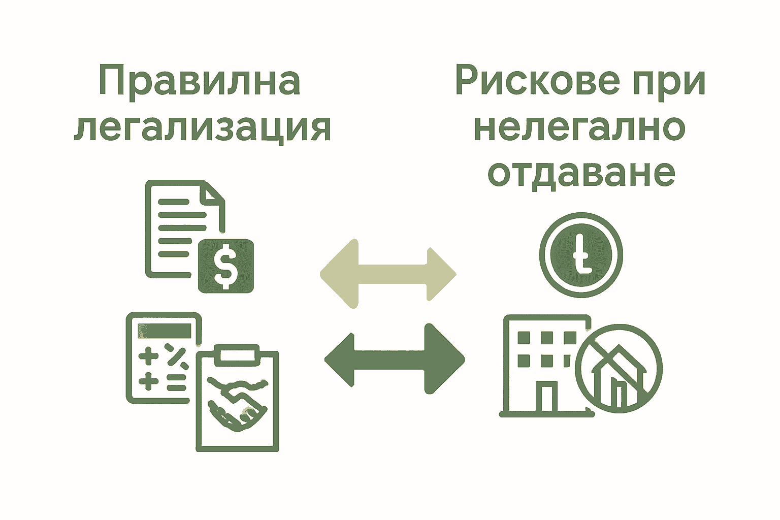 Инфографика сравнява ползите и рисковете при легализиране и нелегално отдаване на имот.