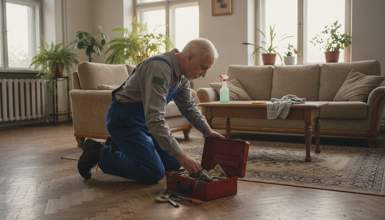 Maintenance worker inspecting radiator in apartment