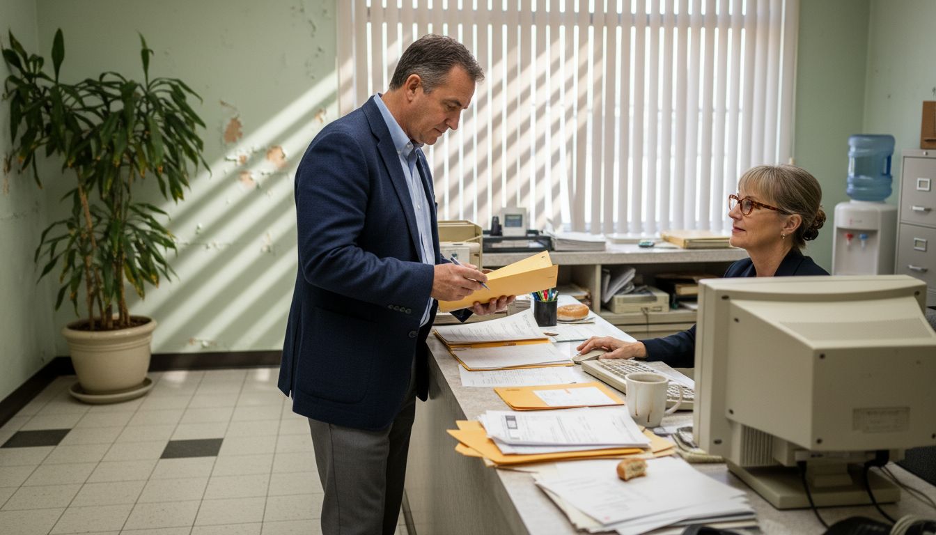 Client submitting documentation in licensing office