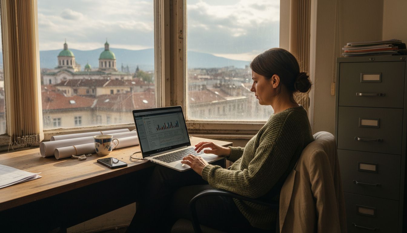 Real estate analyst at desk with Sofia skyline