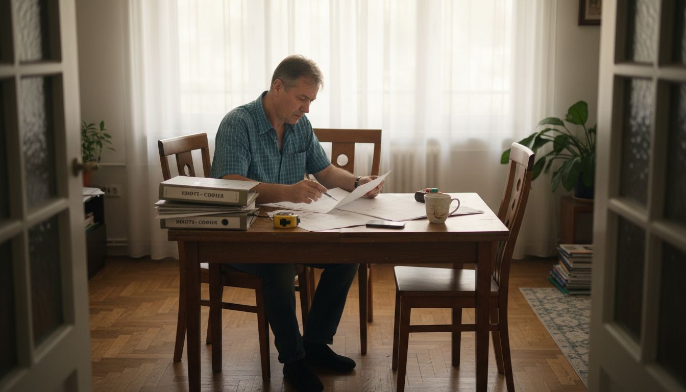 Оценител на недвижими имоти разглежда документи на кухненската маса в апартамент в София.