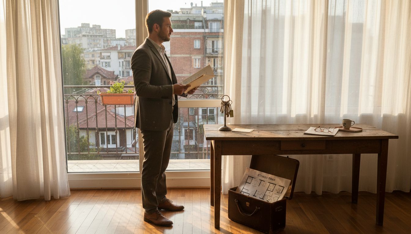 Брокер на недвижими имоти представя апартамент в града и споделя подробности за имота