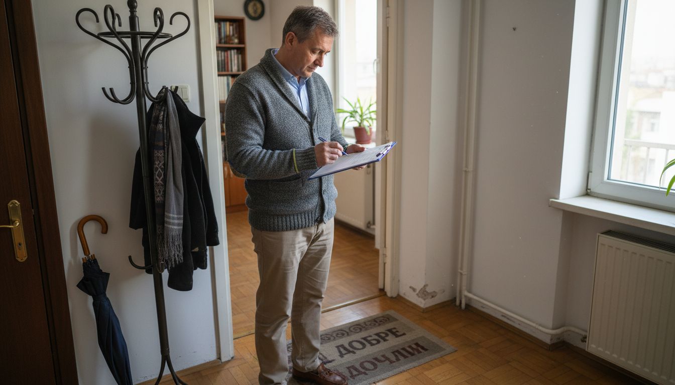 Управител на имот прави оглед на апартамент в града.