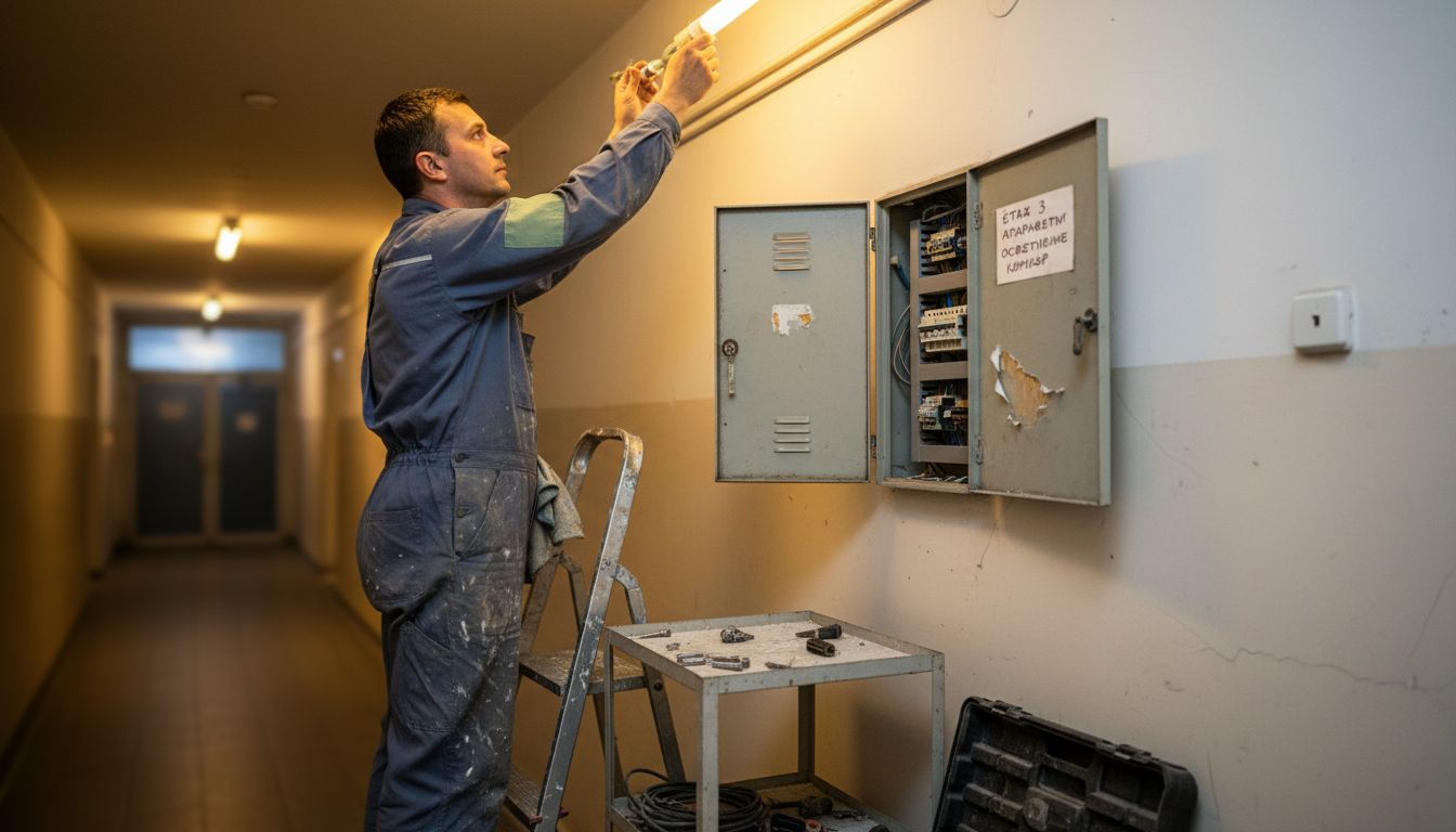 Техник подменя осветлението в коридора на жилищен блок.