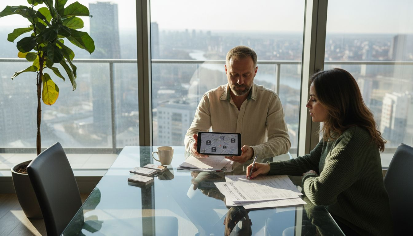Двама души обсъждат как най-ефективно да рекламират отдаването на имот под наем.