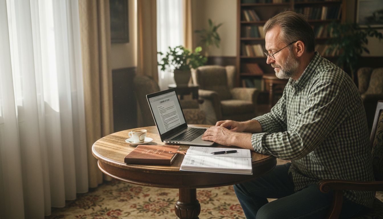 Собственик на хотел преглежда мненията на гостите на лаптопа си.