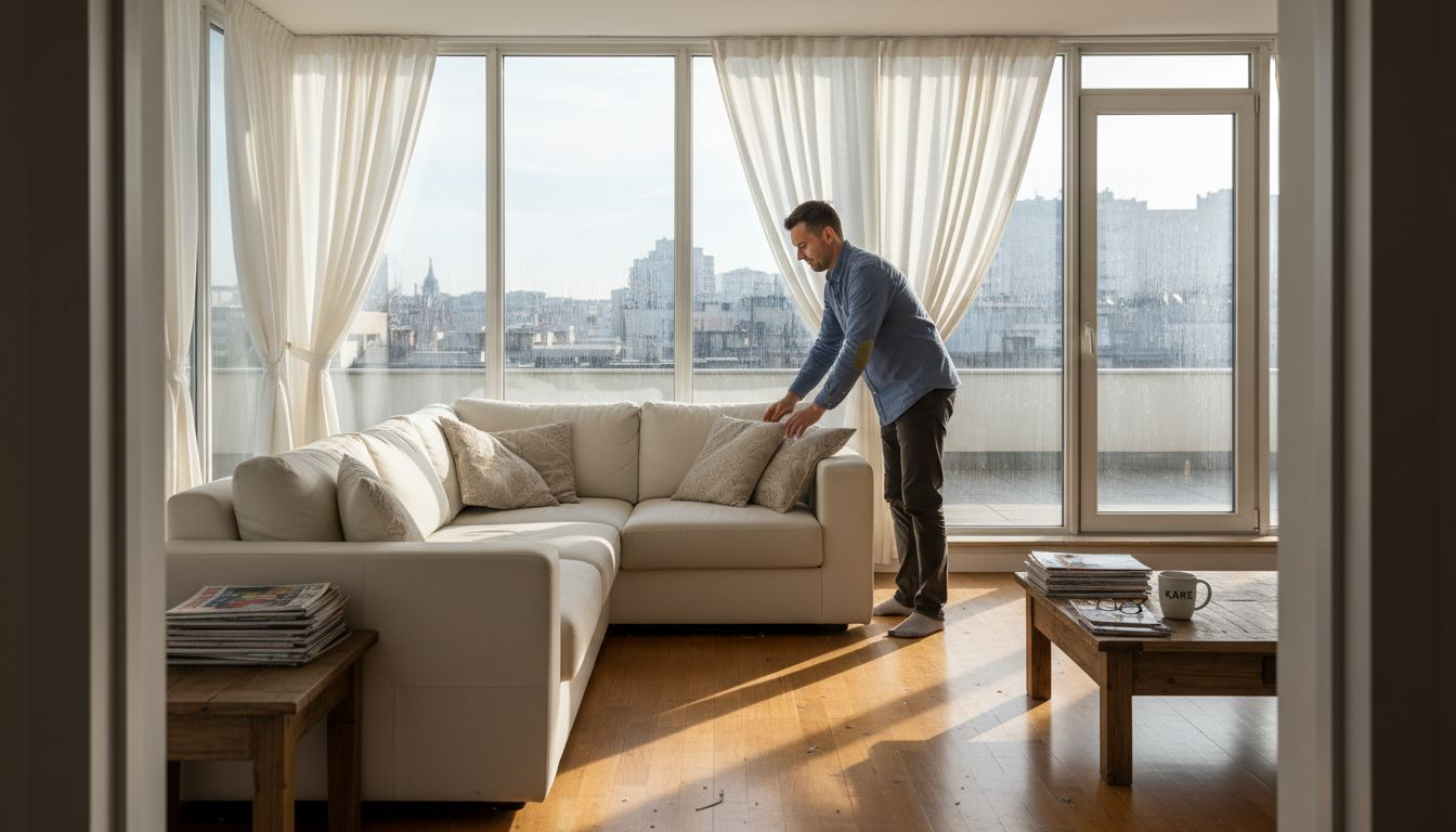 Собственик стяга апартамента си, за да го снима професионално за Airbnb обявата.