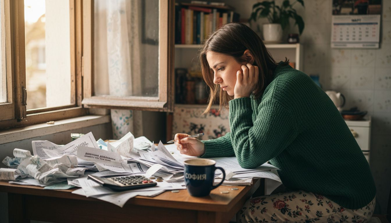 Жена подрежда документи за данък сгради вкъщи.