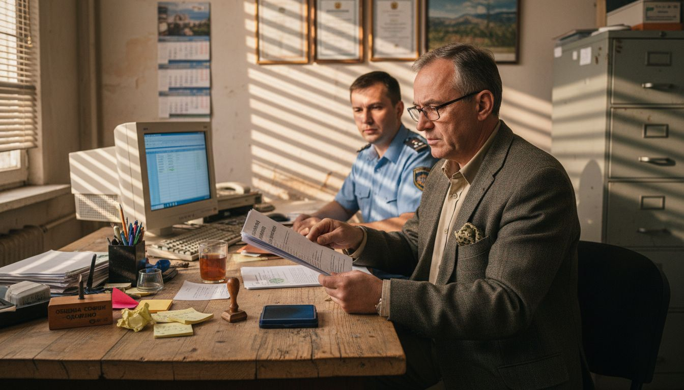 Собственик на имот преглежда документи на гише в общината.