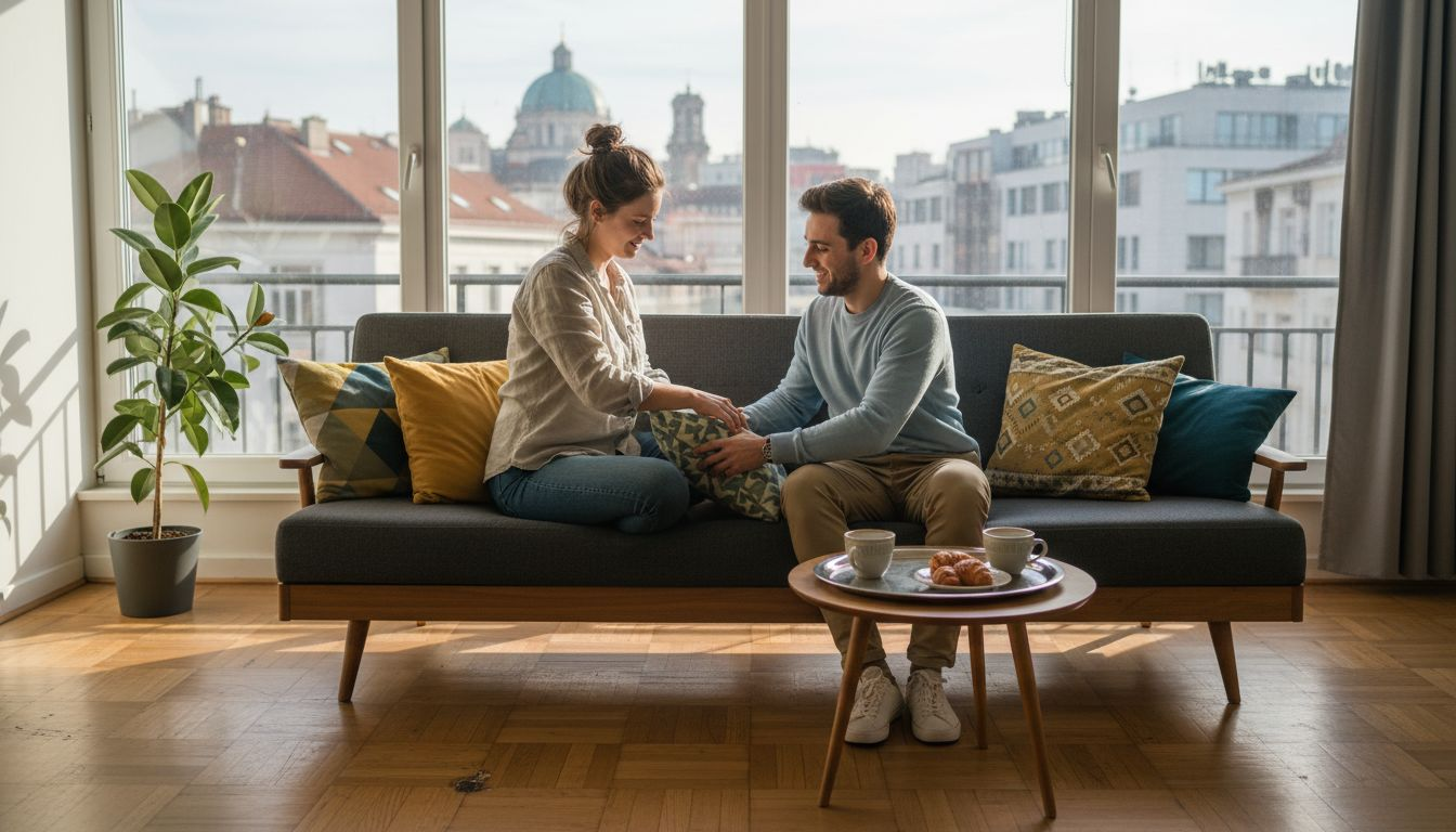 Двойка подготвя и аранжира хола си в София, за да го отдава през Airbnb.