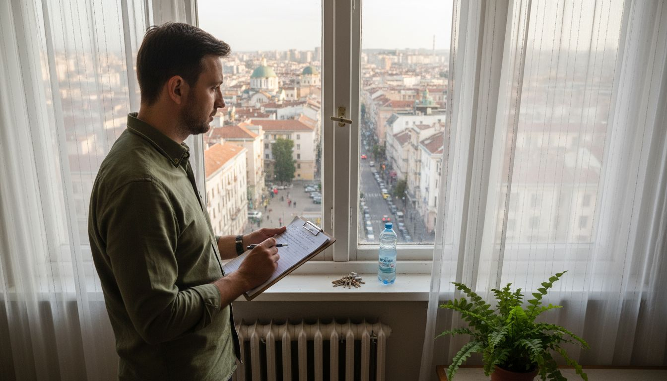 Софийски управител на имоти преглежда бележките за апартаментите