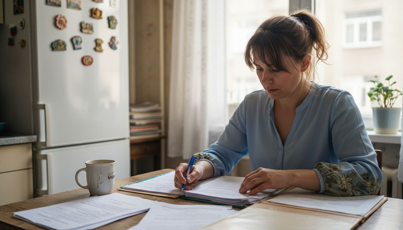 Мениджърът преглежда и подрежда документите, свързани със сертифицирането на имотите.