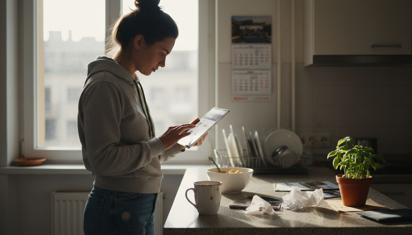 Човек разглежда и сравнява оценки на имоти на таблета си.