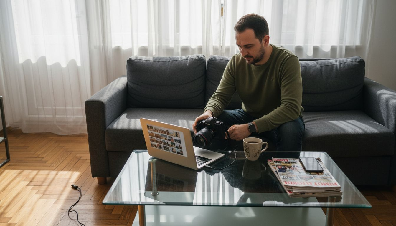 Собственикът обновява профила си в Airbnb, докато е в апартамента.