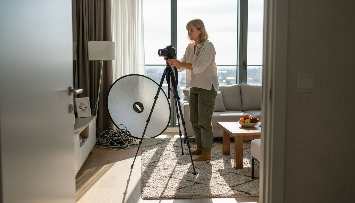 Фотограф прави професионални снимки на всекидневната в Airbnb апартамент.