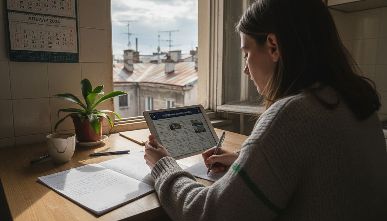 Жена седи на кухненската маса и проучва пазара в София, търсейки актуална информация и тенденции.