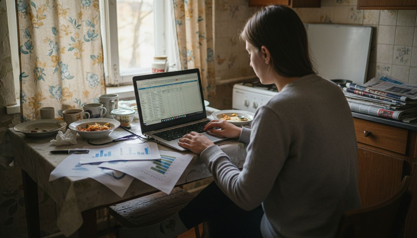 Седя на препълнената с всякакви неща кухненска маса и преглеждам наема, за да го актуализирам.