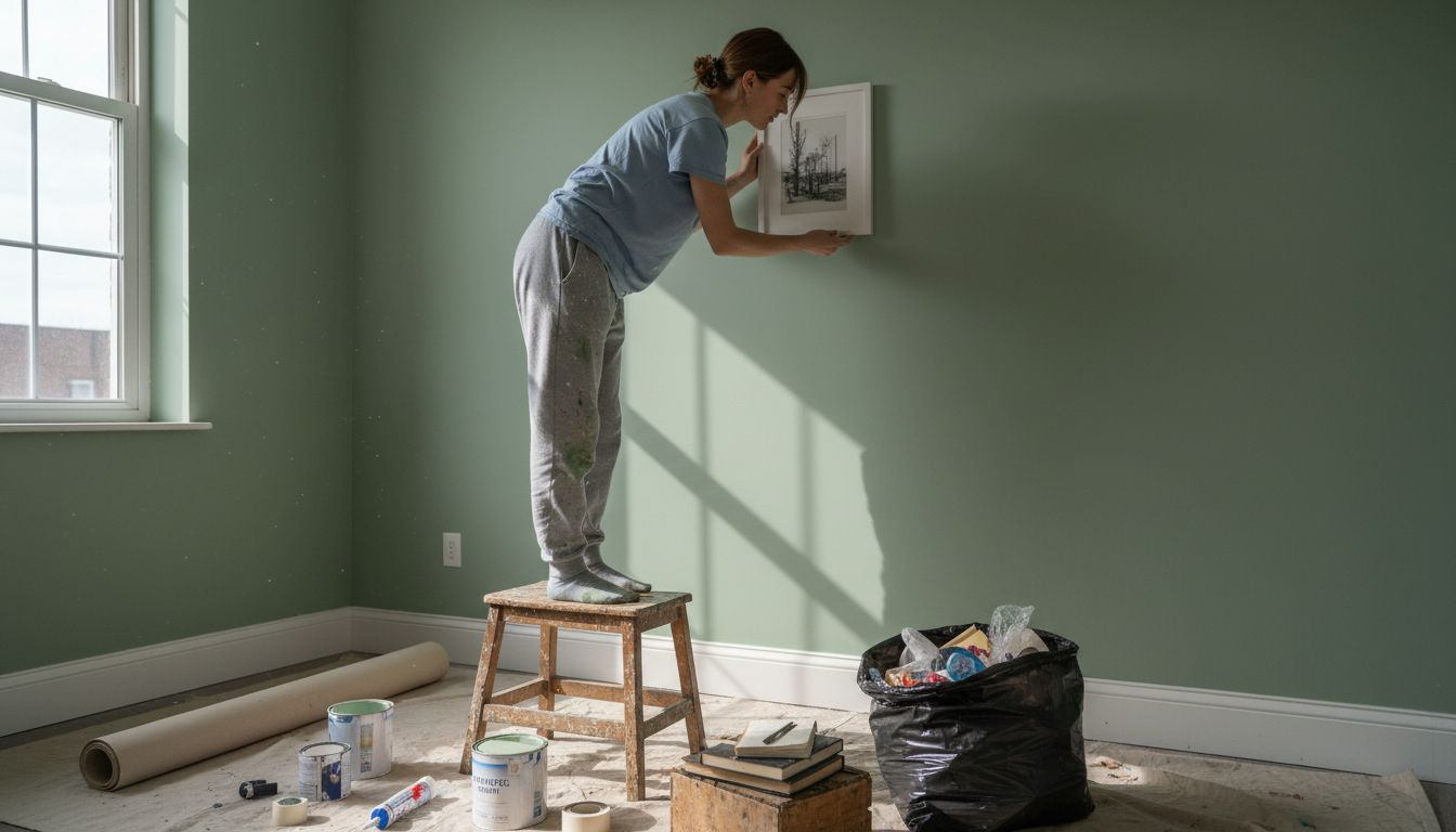 Жена придава уют на дома си след основен ремонт, като избира нови декорации и подрежда всичко по свой вкус.