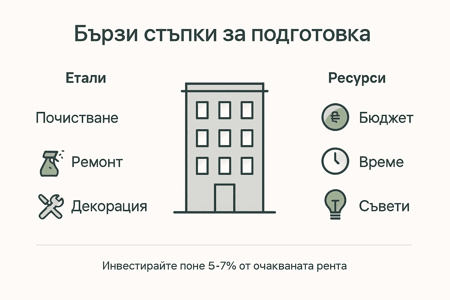 Инфографика с основните стъпки при подготовката на имот за отдаване под наем